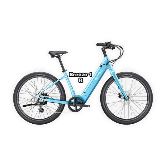 Velotric Breeze 1 eBike in Ocean Mist color, regular frame, shown in box with product packaging, SKU 850060178740