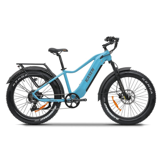 Blue Kasen Ranger 2.0 eBike in a box, black model, shown with 15AH and 20AH battery options.