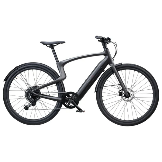 Sleek black Urtopia Carbon 1 Pro eBike with lightweight carbon fiber frame, integrated display, and modern design, shown from a side angle.