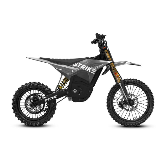Gray and gold eMOTO Strike Shadow SV2 72V electric motorcycle, side view, on a plain background.