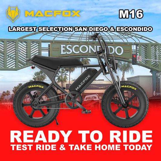 Black Macfox M16 Mini X7 eBike, ready to ride, side view against a plain background