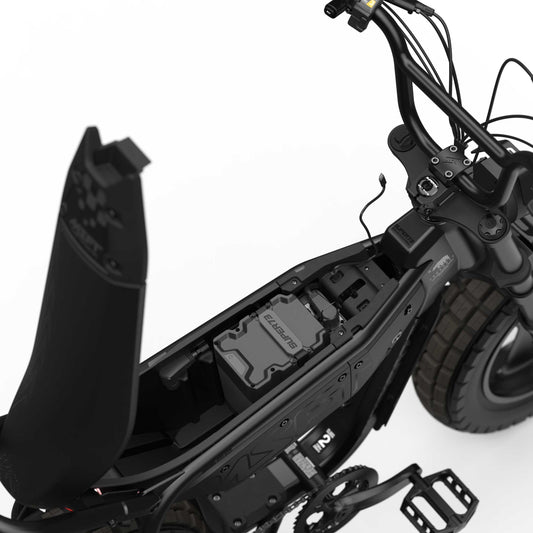 Side view of the Super73 MZFT SE eBike in Blackout color, showcasing its rugged frame, thick tires, and minimalist design against a plain background.
