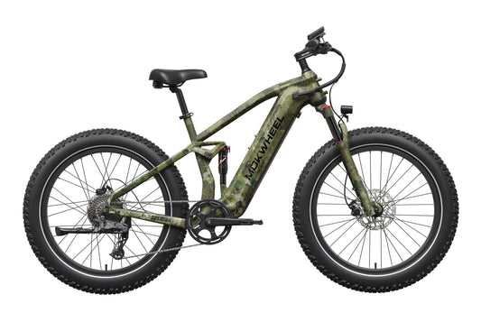 Mokwheel Obsidian eBike in Jungle Camo color, side view, displayed outdoors