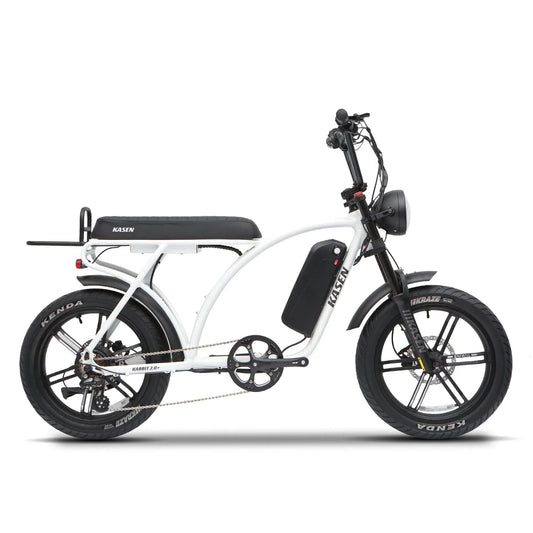 White eMOTO eBike Kasen Kabbit 2.0 Plus, Ready to Ride model, shown from the side with 15AH and 20AH battery options