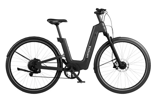 Urtopia Fusion GT eBike in Blazing Black color, shown in its box with packaging, product image labeled "In Box Black 318123"