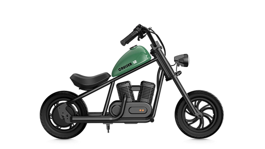 Green eMOTO Hyper Gogo Cruiser 12 electric bike, side view, displayed on a white background