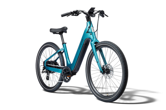 Aventon Pace 5 REC electric bike, step-thru frame, Lagoon blue color, side view on white background