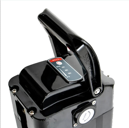 52V 21AH Silverfish battery, rectangular silver casing with black end caps, side view on a white background