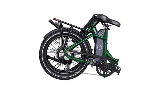 Red Blix Vika X electric folding step-thru eBike with 500W motor, compact design, shown folded for portability.