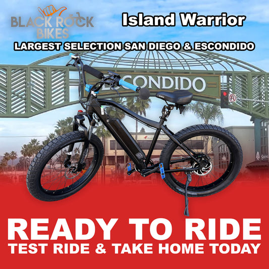 Black and blue eBike Black Rock Island Warrior, side view, showcasing rugged frame and thick tires