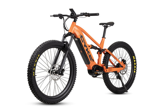 Flame orange eBike Cyke Falcon S, side view, showcasing sporty frame and modern design