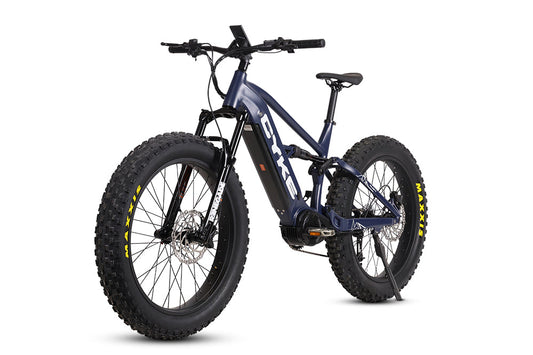Dark blue eBike Cyke Falcon X electric bicycle, side view, on a plain background