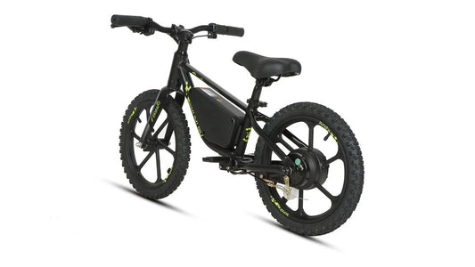 Eunorau EKIDS 16 electric micro ebike, 180W motor, 16x2 road tires, side view, black frame, product image