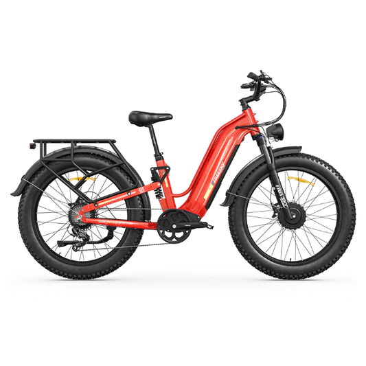 Red Freesky Ranger Air M-540 electric bike, side view, displayed on a white background