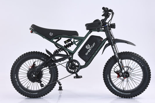 Army green eBike Ghostcat F4X side view, showcasing frame design and fat tires