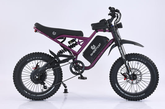 Dark purple eBike Ghostcat F4X shown from the side, highlighting its sleek frame, thick tires, and modern design features.