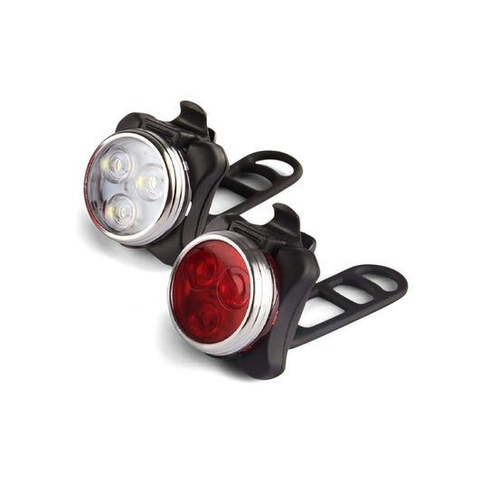 Wireless and rechargeable e-bike light set featuring a front and rear light, both with LED indicators, compact design, and USB charging cables displayed.