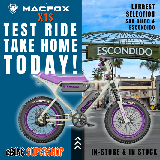 A Macfox X1S eBike with dual batteries, shown in collaboration with Bs.zay, parked outdoors in Escondido.