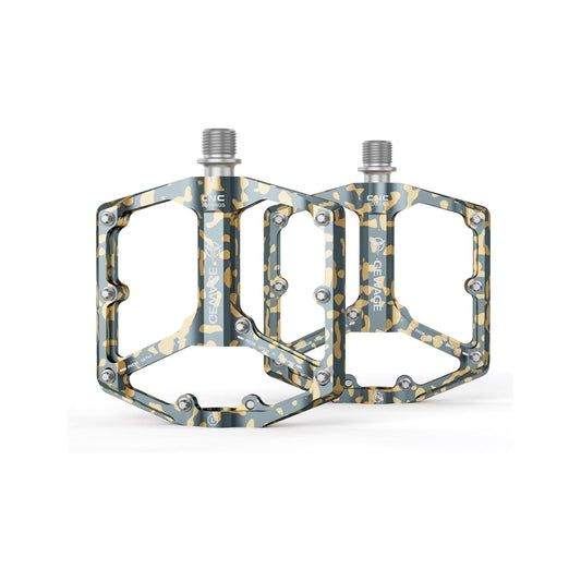 Yellow camouflage alloy eBike pedals, size 10, displayed on a white background.