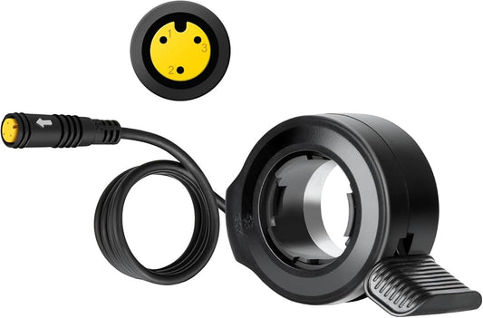 eBike thumb throttle with 3-pin yellow female connector, product image showing close-up of throttle and connector