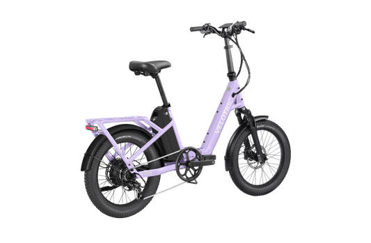 Velotric Fold 1 Plus electric bike in Violet Haze color, shown folded for compact storage