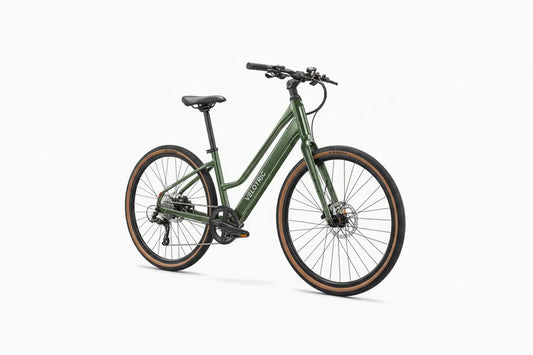 Velotric Tempo Mid Step eBike in Forest Evergreen color, side view, displayed outdoors