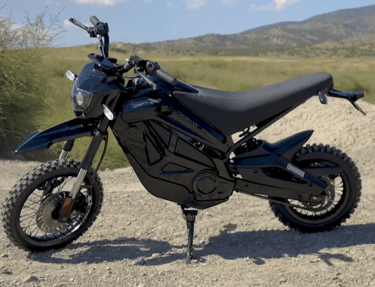A black eMOTO eBike Drift Hero 800w dirt bike with rugged tires, sturdy frame, and electric motor, displayed on a white background.