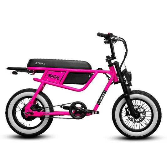 Hot pink eMOTO eBike Strike Rascal electric bicycle, side view, against a white background