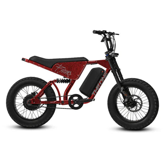 eMOTO eBike Strike Rhino AT7 in Diablo Red, side view, showcasing its rugged frame, thick tires, and sporty design