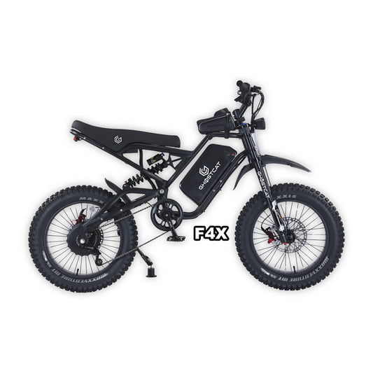 eMOTO GHOSTCAT F4X Pro electric bike in Blackout color, displayed in its box with packaging, product label showing barcode 810206240755