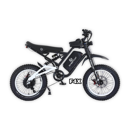 eMOTO GHOSTCAT F4X Pro electric bike in white, shown in its original box with product packaging, model number 810206240779