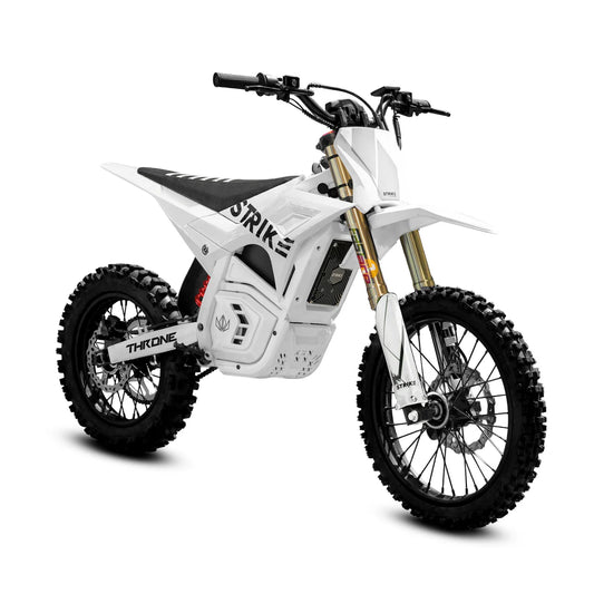 White eMOTO Strike Shadow SV2 72V electric motorcycle, side view, on a plain background