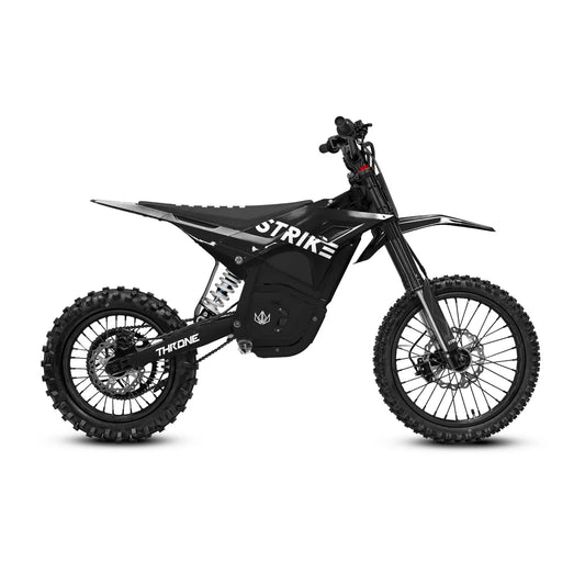 Black eMOTO Strike Shadow SX 60V electric motorcycle, side view, on white background