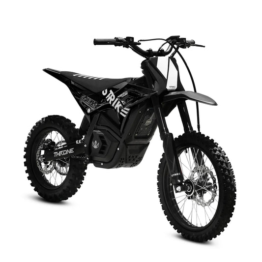 Black eMOTO Strike Shadow SX 60V electric motorcycle, side view, on white background