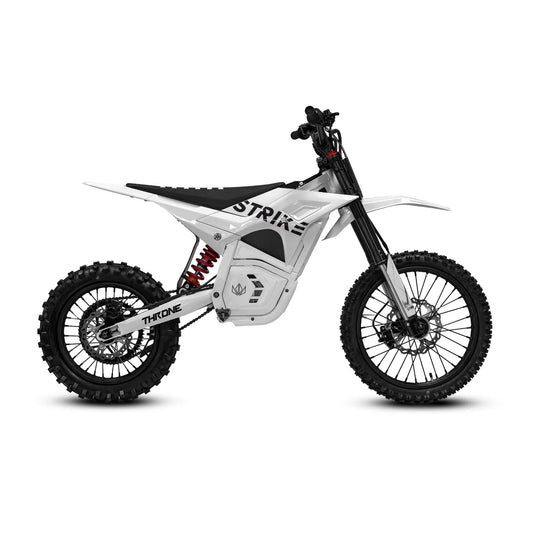 White eMOTO Strike Shadow SX 60V electric motorcycle, side view, on a plain background