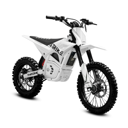 White eMOTO Strike Shadow SX 60V electric motorcycle, side view, on a plain background