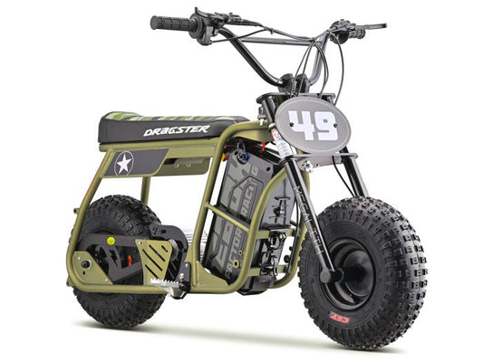 eMOTO EBOX Dragster electric bike in khaki color, side view, displayed on a white background