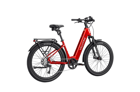Velotric Discover 3 electric bike in Cherry Crimson color, side view, displayed on a white background