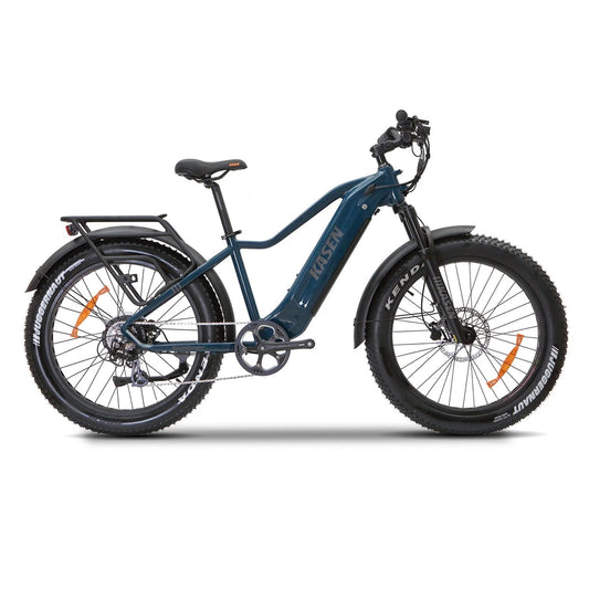 Blue Kasen Ranger ST 2.0 eBike, ready to ride, shown with 15AH and 20AH battery options, white background