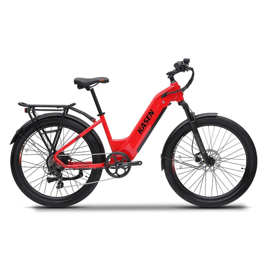 Red Kasen City 2.0 eBike, ready to ride, shown with 15AH and 20AH battery options
