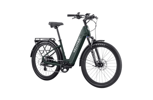 Velotric Discover 2 eBike in Pine Green, shown in its box, product image