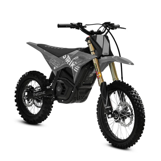 Gray and gold eMOTO Strike Shadow SV2 72V electric motorcycle, side view, on a plain background