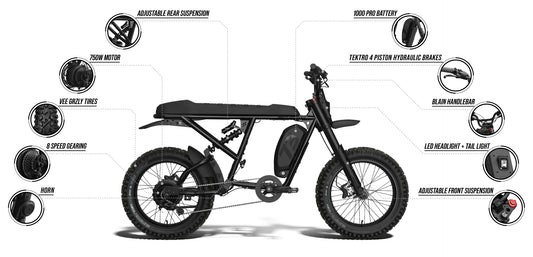 Side view of the Super73 R Adventure Series SE electric bike in a rugged outdoor setting, showcasing its thick tires, sturdy frame, and adventure-ready design.