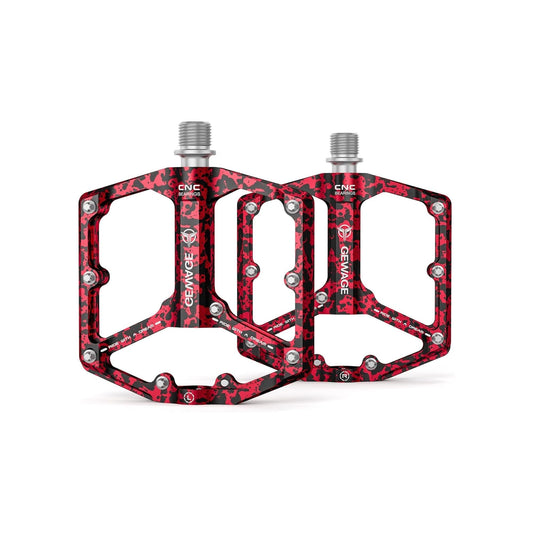 Red alloy bicycle pedals with a red camouflage pattern, shown in product image labeled "Red 9"
