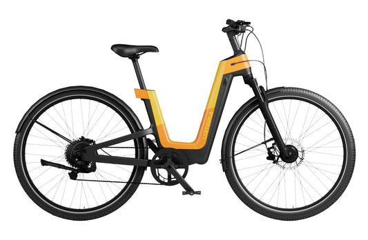 Urtopia Fusion GT eBike in Vital Orange color, shown in its box with packaging, product image labeled "In Box Orange 825189"