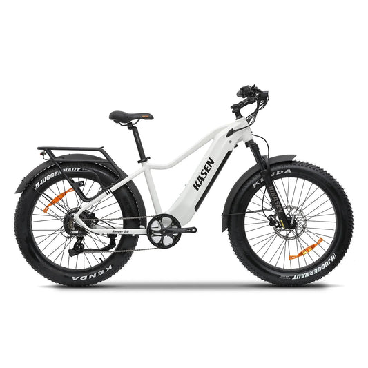White Kasen Ranger 2.0 eBike packaged in a cardboard box, showing the 15AH and 20AH battery options.