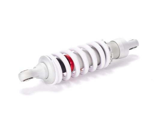 Stomp Ebox 270mm rear shock absorber, stock replacement, shown in side view with black coil spring and silver mounting ends.