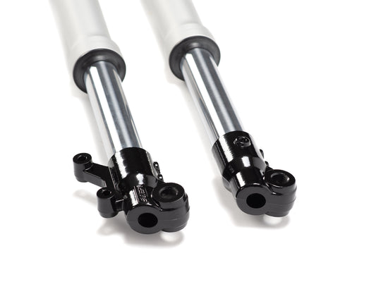 Stomp Ebox 580mm USD fork, close-up side view showing suspension details and branding.