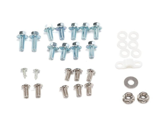 Black plastic kit components for Stomp Ebox, including fenders, side panels, and number plate, displayed on a white background.