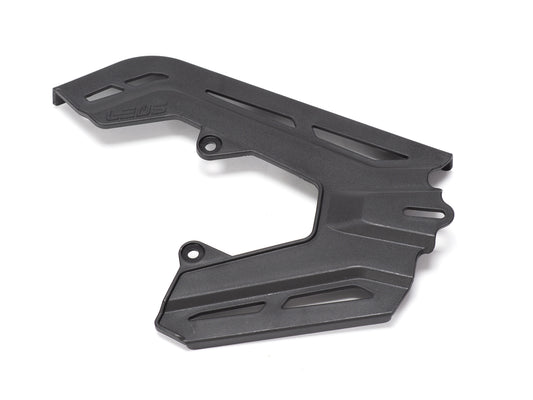 Stomp Ebox chain guard, black metal component with mounting holes, displayed on a white background.